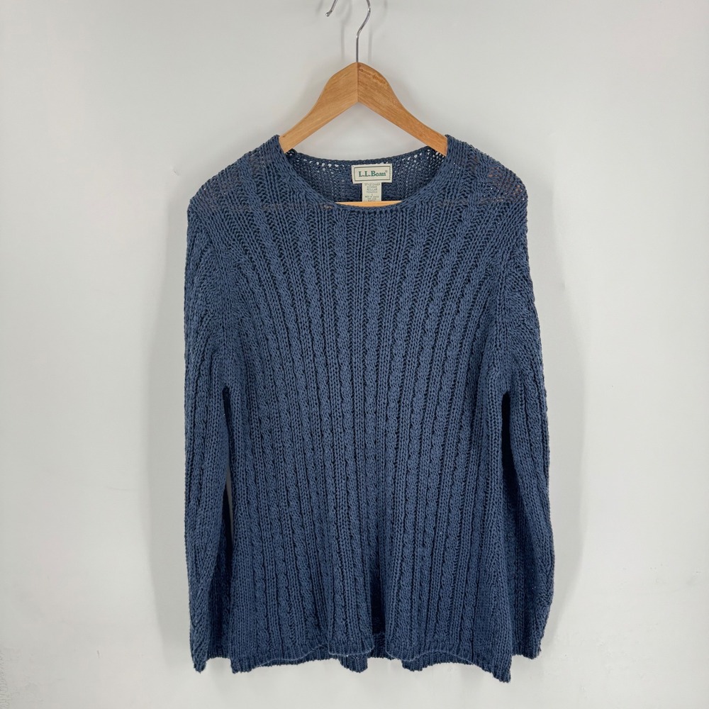 L.L. Bean Blue Ribbed Knit Sweater Size L Crew‎ Neck Coastal Heritage Granola